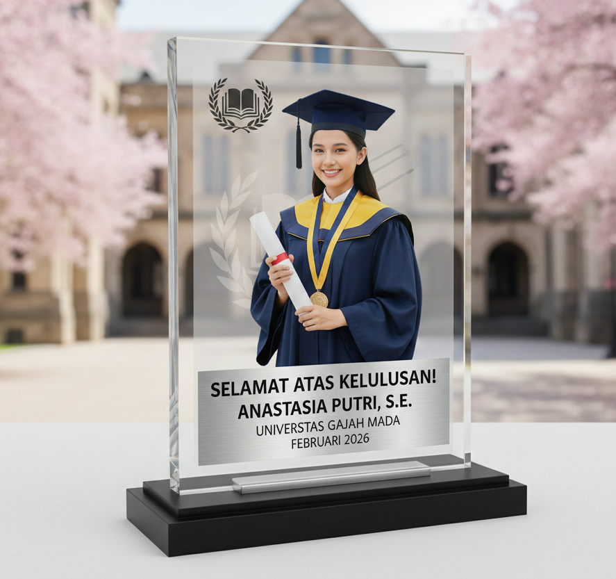buatkan gambar plakat custom foto orang untuk wisuda